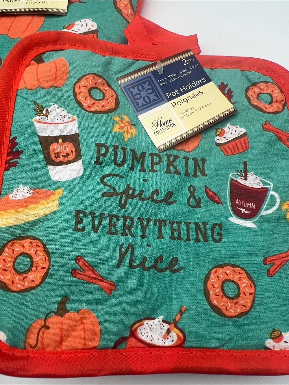 Home Collection Pumpkin Spice Oven Mitt and Pot Holders - Teal with Orange Trim